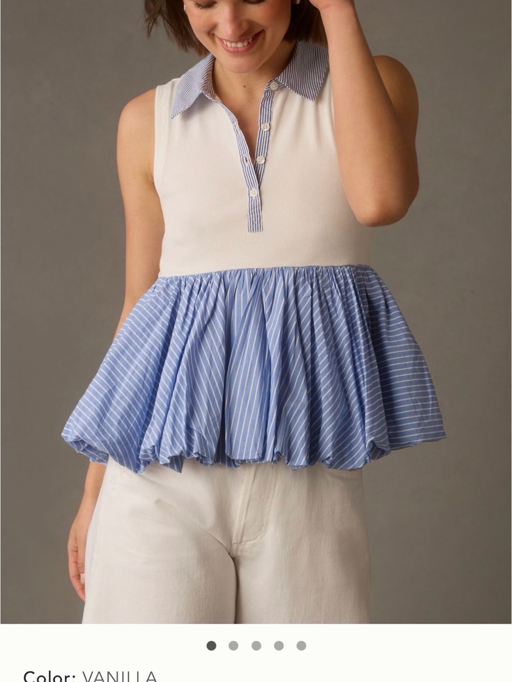 Anthropologie White Knit Tank with Light Blue Striped Peplum